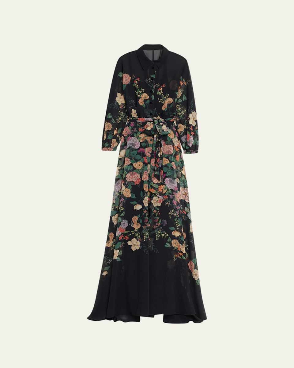 Belted Floral-Print Chiffon Shirt Gown